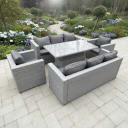 Rackhams 8 Seater Rattan Garden Furniture Set with Adjustable Rising Table, 2 Sofas & 2 Arm Chairs - Light Grey - thumbnail 1