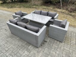 Rackhams 8 Seater Rattan Garden Furniture Set with Adjustable Rising Table, 2 Sofas & 2 Arm Chairs - Light Grey - thumbnail 3