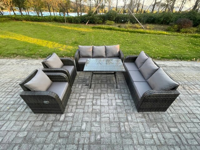 Rackhams 8 Seater Rattan Outdoor Garden Furniture Sofa Set Patio Table & Chairs Set with 3 Seater Sofa Rectangular Dining Table Dark Grey Mixed - image 1