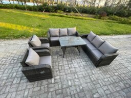 Rackhams 8 Seater Rattan Outdoor Garden Furniture Sofa Set Patio Table & Chairs Set with 3 Seater Sofa Rectangular Dining Table Dark Grey Mixed - thumbnail 2