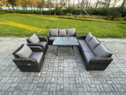 Rackhams 8 Seater Rattan Outdoor Garden Furniture Sofa Set Patio Table & Chairs Set with 3 Seater Sofa Rectangular Dining Table Dark Grey Mixed - thumbnail 1
