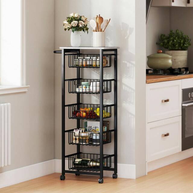 Rackhams 4-Tier Kitchen Island on Wheels with 4 Pull-Out Baskets, Oak - Light Grey - image 1