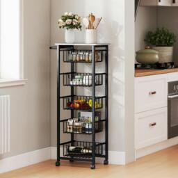 Rackhams 4-Tier Kitchen Island on Wheels with 4 Pull-Out Baskets, Oak - Light Grey