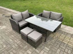 Rackhams 6 Seater Dark Grey Mixed PE Wicker Rattan Garden Furniture Set Love Sofa 2 Seater Sofa Set Outdoor Rectangular Dining Table With 2 Stools - thumbnail 2