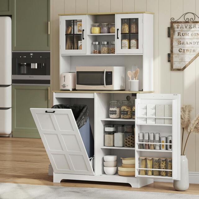Rackhams 175cm Tall Kitchen Cabinet with Rubbish Bin, White - image 1