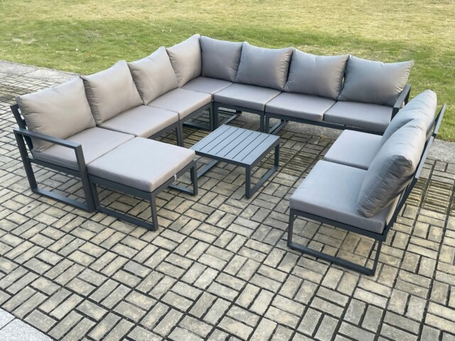Rackhams 10 Seater Patio Outdoor Garden Furniture Aluminium Lounge Corner Sofa Set with Square Coffee Table with Big Footstool Dark Grey