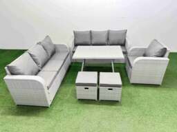 Rackhams 6 Pieces Outdoor PE Rattan Garden Furniture with Cushions Reclining Chair 2 Small Stools Light Grey