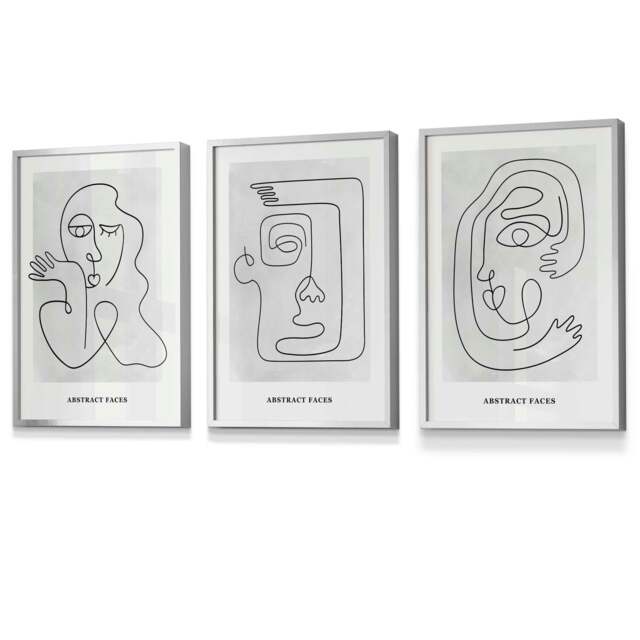 Rackhams Picasso Style Grey Abstract Faces Framed Wall Art Prints - 59x84cm (A1) - Silver - image 1