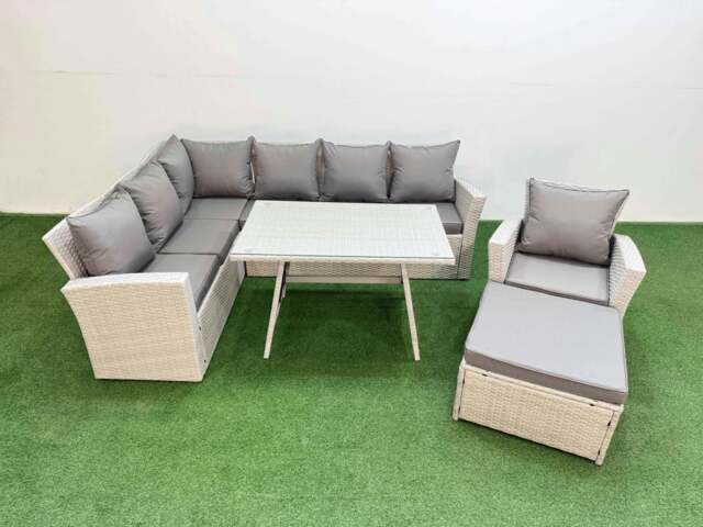 Rackhams Garden Outdoor Rattan Furniture Set Rattan Corner Sofa Oblong Dining Table with Armchair Big Footstool Light Grey Mixed 8 Seater - image 1