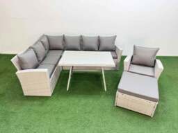 Rackhams Garden Outdoor Rattan Furniture Set Rattan Corner Sofa Oblong Dining Table with Armchair Big Footstool Light Grey Mixed 8 Seater - thumbnail 1