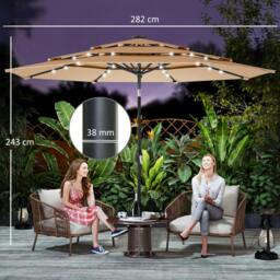 Rackhams 2.8 m Garden Parasol Umbrella with Light, Patio Umbrella, Khaki - Garden Parasol - Khaki - Dia. 282 x 243 cm - thumbnail 3