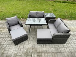 Rackhams 7 Seater Outdoor Garden Dining Sets Rattan Furniture With Dining Table Armchairs Love Sofa 2 Big Footstool Side Table Dark Grey Mixed - thumbnail 2
