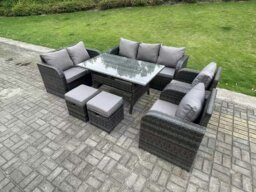 Rackhams 9 Seater Rattan Garden Furniture Set with 2 Reclining Chairs, 2 Sofas, Dining Table & 2 Footstools - Dark Grey - thumbnail 3