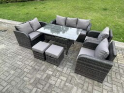 Rackhams 9 Seater Rattan Garden Furniture Set with 2 Reclining Chairs, 2 Sofas, Dining Table & 2 Footstools - Dark Grey - thumbnail 2