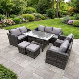Rackhams 9 Seater Rattan Garden Furniture Set with 2 Reclining Chairs, 2 Sofas, Dining Table & 2 Footstools - Dark Grey - thumbnail 1