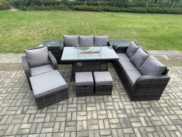 Rackhams Rattan Outdoor Garden Furniture Set with Gas Fire Pit Dining Table, 1 Chair, 2 Sofas, 2 Side Tables, 3 Footstools - 10 Seater - Dark Grey - image 1