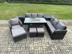 Rackhams Rattan Outdoor Garden Furniture Set with Gas Fire Pit Dining Table, 1 Chair,  2 Sofas, 2 Side Tables, 3 Footstools - 10 Seater - Dark Grey - thumbnail 2