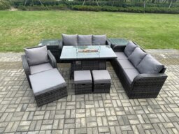 Rackhams Rattan Outdoor Garden Furniture Set with Gas Fire Pit Dining Table, 1 Chair,  2 Sofas, 2 Side Tables, 3 Footstools - 10 Seater - Dark Grey - thumbnail 1