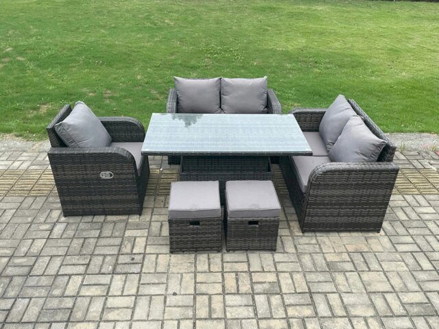 Rackhams Wicker PE Rattan Furniture Garden Dining Set Outdoor Height Adjustable Rising lifting Table Love Sofa With Reclining Chair 2 Small Footstools - image 1