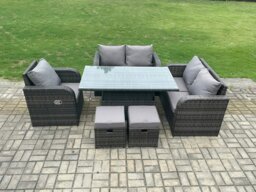 Rackhams Wicker PE Rattan Furniture Garden Dining Set Outdoor Height Adjustable Rising lifting Table Love Sofa With Reclining Chair 2 Small Footstools - thumbnail 2