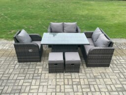 Rackhams Wicker PE Rattan Furniture Garden Dining Set Outdoor Height Adjustable Rising lifting Table Love Sofa With Reclining Chair 2 Small Footstools - thumbnail 1