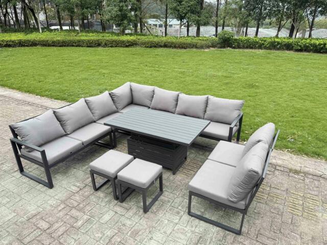 Rackhams 10 Seater Aluminium Garden Furniture Set with Adjustable Rising Dining Table, Corner Sofa & 2 Footstools - Grey