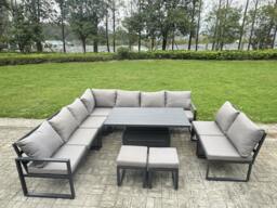 Rackhams 10 Seater Aluminium Garden Furniture Set with Adjustable Rising Dining Table, Corner Sofa & 2 Footstools - Grey - thumbnail 2
