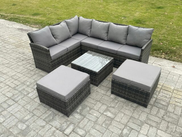 Rackhams 8 Seater Outdoor Garden Furniture Set Wicker PE Rattan Corner Sofa Set with Square Coffee Table 2 Big Footstool Dark Grey Mixed - image 1