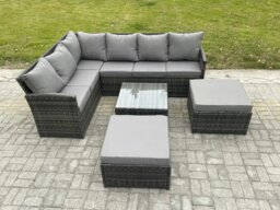 Rackhams 8 Seater Outdoor Garden Furniture Set Wicker PE Rattan Corner Sofa Set with Square Coffee Table 2 Big Footstool Dark Grey Mixed - thumbnail 2