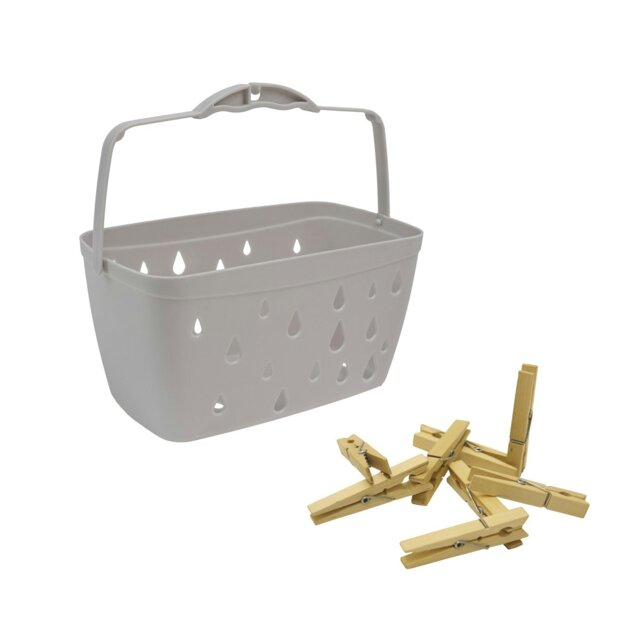 Rackhams Plastic Peg Basket, Grey with 24 Wooden Retro Pegs, Brown - image 1