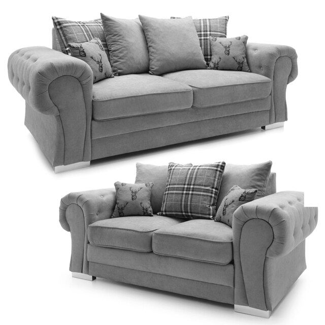 Rackhams Milan Chesterfield Fabric 3 + 2 Seater Sofa Suite - Scatter Back - Grey - image 1