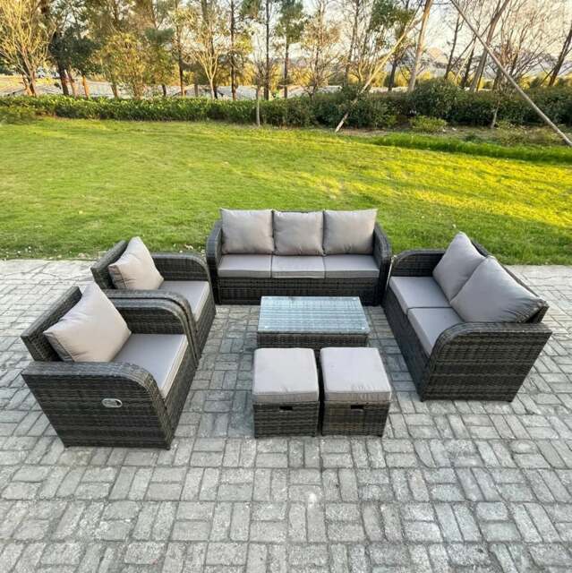 Rackhams 9 Seater Rattan Garden Furniture Set with Coffee Table, 3 Seater Sofa, Love Sofa, 2 Small Footstools & 2 Reclining Chairs - Dark Grey - image 1