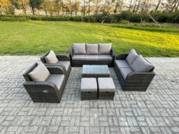 Rackhams 9 Seater Rattan Garden Furniture Set with Coffee Table, 3 Seater Sofa, Love Sofa, 2 Small Footstools & 2 Reclining Chairs - Dark Grey - thumbnail 3