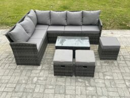 Rackhams Rattan Lounge Corner Sofa Set Wicker PE Outdoor Garden Furniture Set with Rectangular Coffee Table 3 Small Footstools Dark Grey Mixed - thumbnail 2