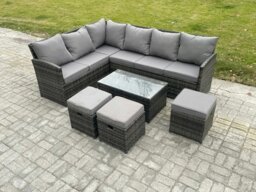 Rackhams Rattan Lounge Corner Sofa Set Wicker PE Outdoor Garden Furniture Set with Rectangular Coffee Table 3 Small Footstools Dark Grey Mixed - thumbnail 1