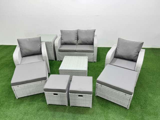 Rackhams Outdoor Garden Furniture Set PE Rattan Love Sofa Reclining Chair Set with Coffee Table 4 Footstools Side Table Light Grey - image 1