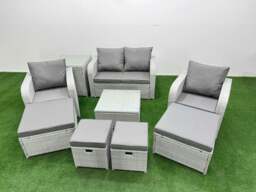Rackhams Outdoor Garden Furniture Set PE Rattan Love Sofa Reclining Chair Set with Coffee Table 4 Footstools Side Table Light Grey - thumbnail 1