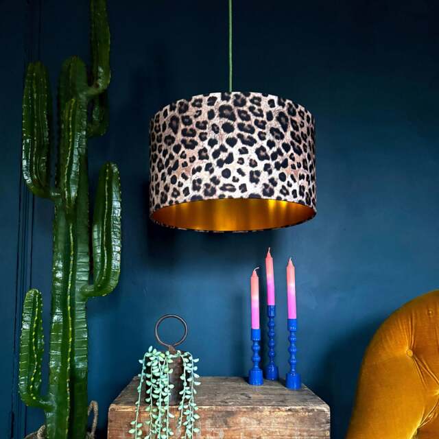 "Rackhams Jaguar Print Velvet Lampshade with Gold Lining - Ceiling Pendant / Arc Lamp - 30cm diameter x 30vm height (12"" x 12"")" - image 1