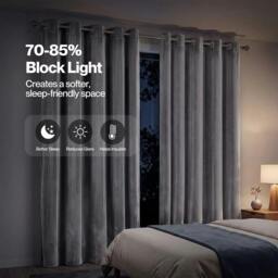 "Rackhams Thick Thermal Blackout Curtains Velvet Eyelet Ring Top Ready Made - 66"" x 90"" - Grey" - thumbnail 4