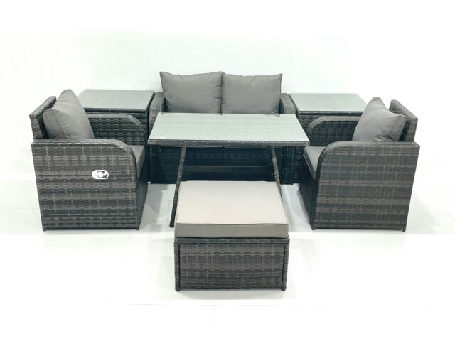 Rackhams Outdoor Garden Furniture Set Rattan Sofa Dining Table Set with Reclining Chair 2 Side Tables Big Footstool Dark Grey Mixed - image 1