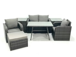 Rackhams Outdoor Garden Furniture Set Rattan Sofa Dining Table Set with Reclining Chair 2 Side Tables Big Footstool Dark Grey Mixed - thumbnail 2