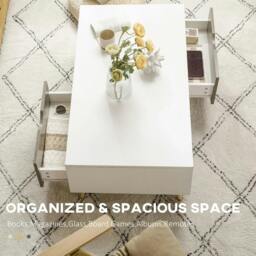 Rackhams Coffee Table, Modern Tea Table with Open Storage Shelves, Two Drawers and Solid Wood Legs, Coffee Tables for Living Room, Bed Room, White - thumbnail 5