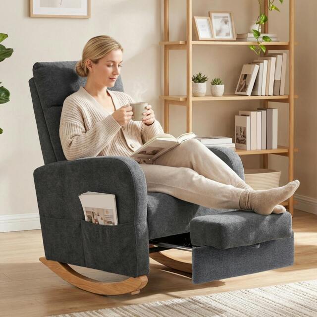 Rackhams Upholstered Rocking Chair with Retractable Footrest Grey - Rocking chair - 66W x 100D x 100H cm - Linen-look fabric, rubberwood, plywood, high density foam, S-springs - image 1