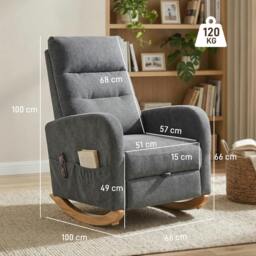 Rackhams Upholstered Rocking Chair with Retractable Footrest Grey - Rocking chair - 66W x 100D x 100H cm - Linen-look fabric, rubberwood, plywood, high density foam, S-springs - thumbnail 3