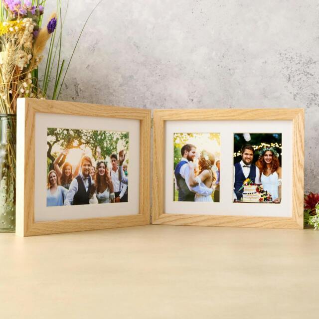 Rackhams Solid Oak Three Aperture Hinged Picture Frame - Natural Finish - Three aperture frame + Photo Prints - image 1