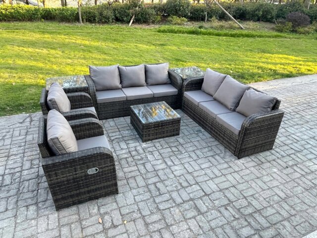 Rackhams High Back Rattan Garden Furniture Set with Square Coffee Table 2 Side Tables Indoor Outdoor Patio Lounge Sofa Set Dark Grey Mixed - image 1