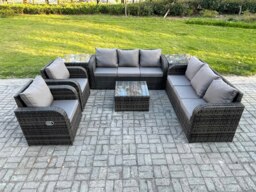 Rackhams High Back Rattan Garden Furniture Set with Square Coffee Table 2 Side Tables Indoor Outdoor Patio Lounge Sofa Set Dark Grey Mixed - thumbnail 2
