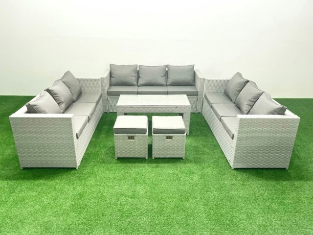Rackhams Rattan Garden Outdoor Furniture Set 11 Seater Garden Sofa Oblong Coffee Table Set with 2 Small Footstool Light Grey Mixed - image 1
