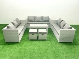 Rackhams Rattan Garden Outdoor Furniture Set 11 Seater Garden Sofa Oblong Coffee Table Set with 2 Small Footstool Light Grey Mixed - thumbnail 1