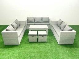Rackhams Rattan Garden Outdoor Furniture Set 11 Seater Garden Sofa Oblong Coffee Table Set with 2 Small Footstool Light Grey Mixed - thumbnail 2
